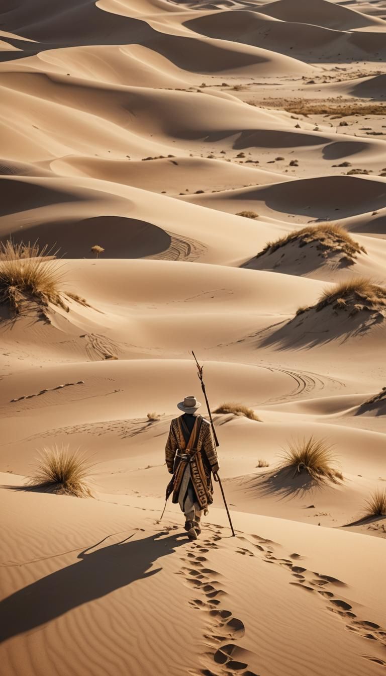 Young Traveler Walking in Golden Desert Landscape