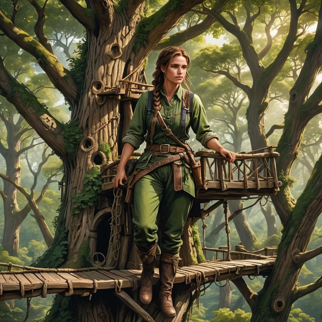 Human Ranger Living in a Serene Valley Treehouse