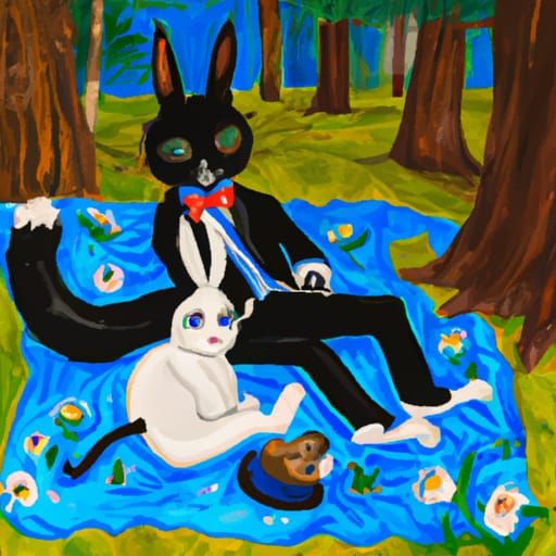 Anthropomorphic Cat and Bunny Picnic in Forest