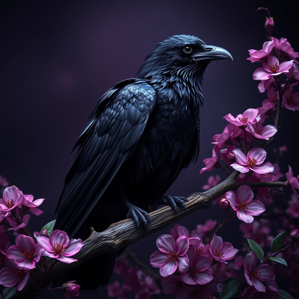 Majestic Raven in Bloom, Dark Fantasy Scene