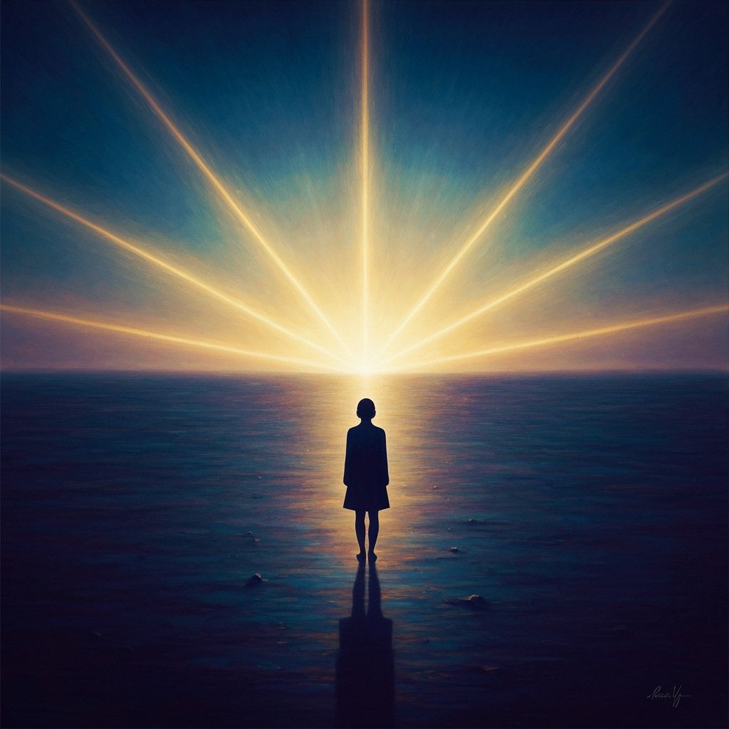 Solitary Figure Awaits Celestial Dawn in Surreal Landscape