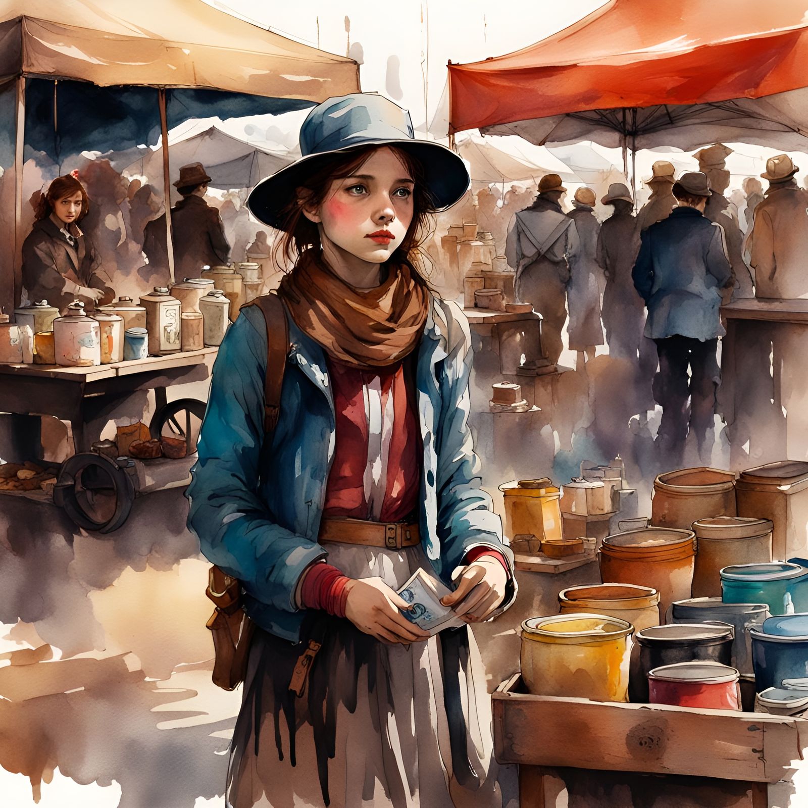Girl at Flea Market in Watercolor Ink Illustration