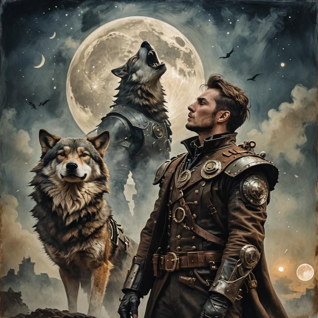 Steampunk Armor and Howling Wolf Double Exposure