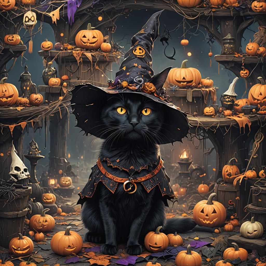 Black Cat in Halloween Costume: Detailed Digital Art