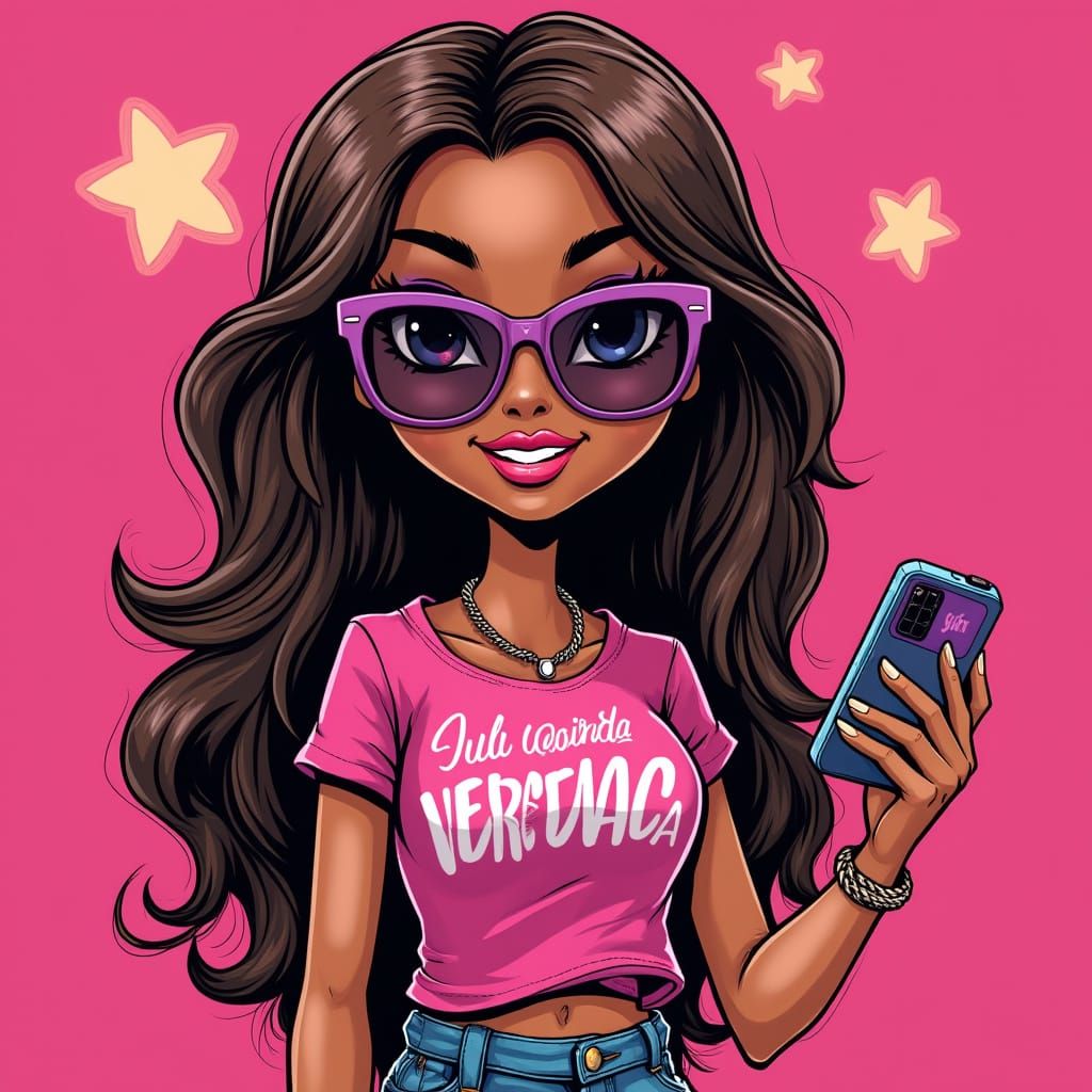 Vibrant Afro Girl with Phone and Casual Tee