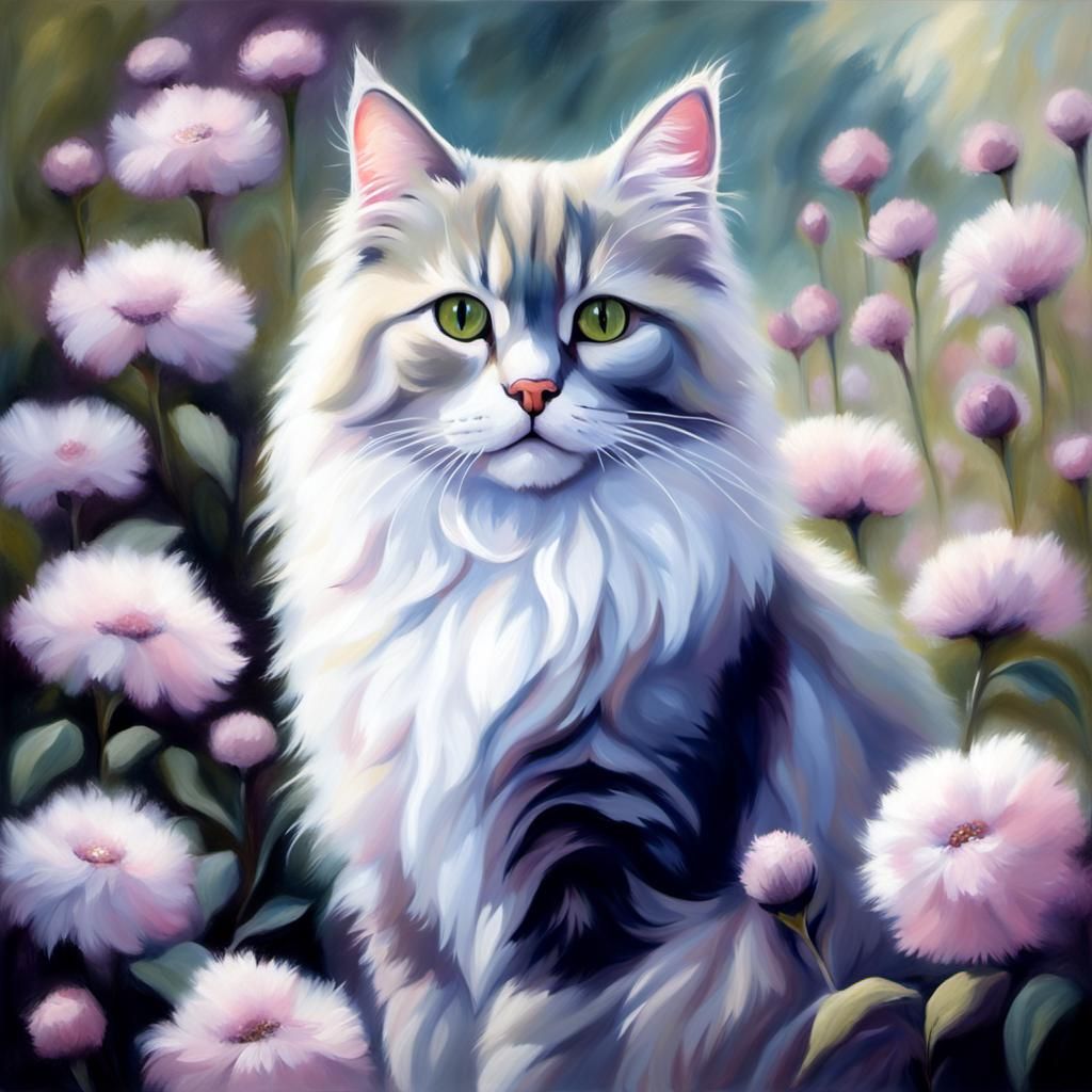 Pastel Cat in Garden: Detailed Matte Painting