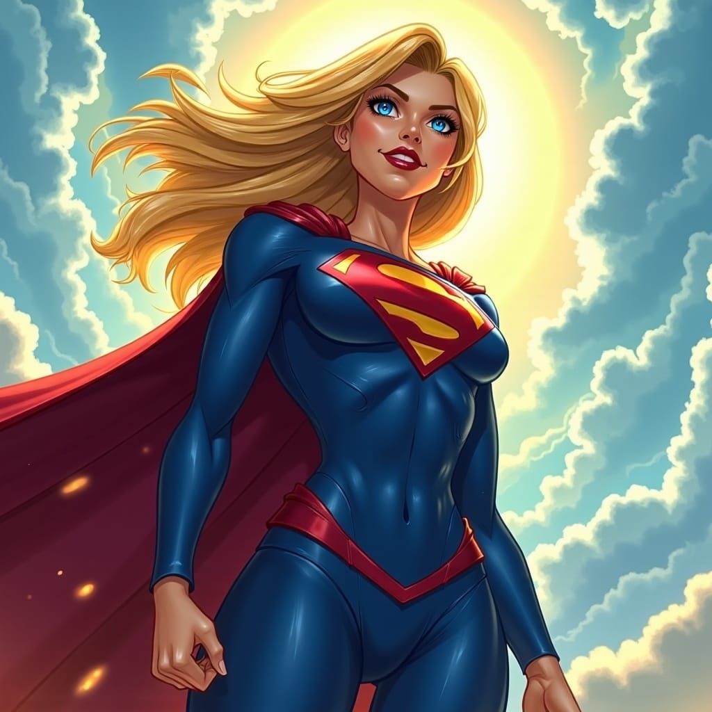 Blonde Woman as Superman in Cloudy Sky