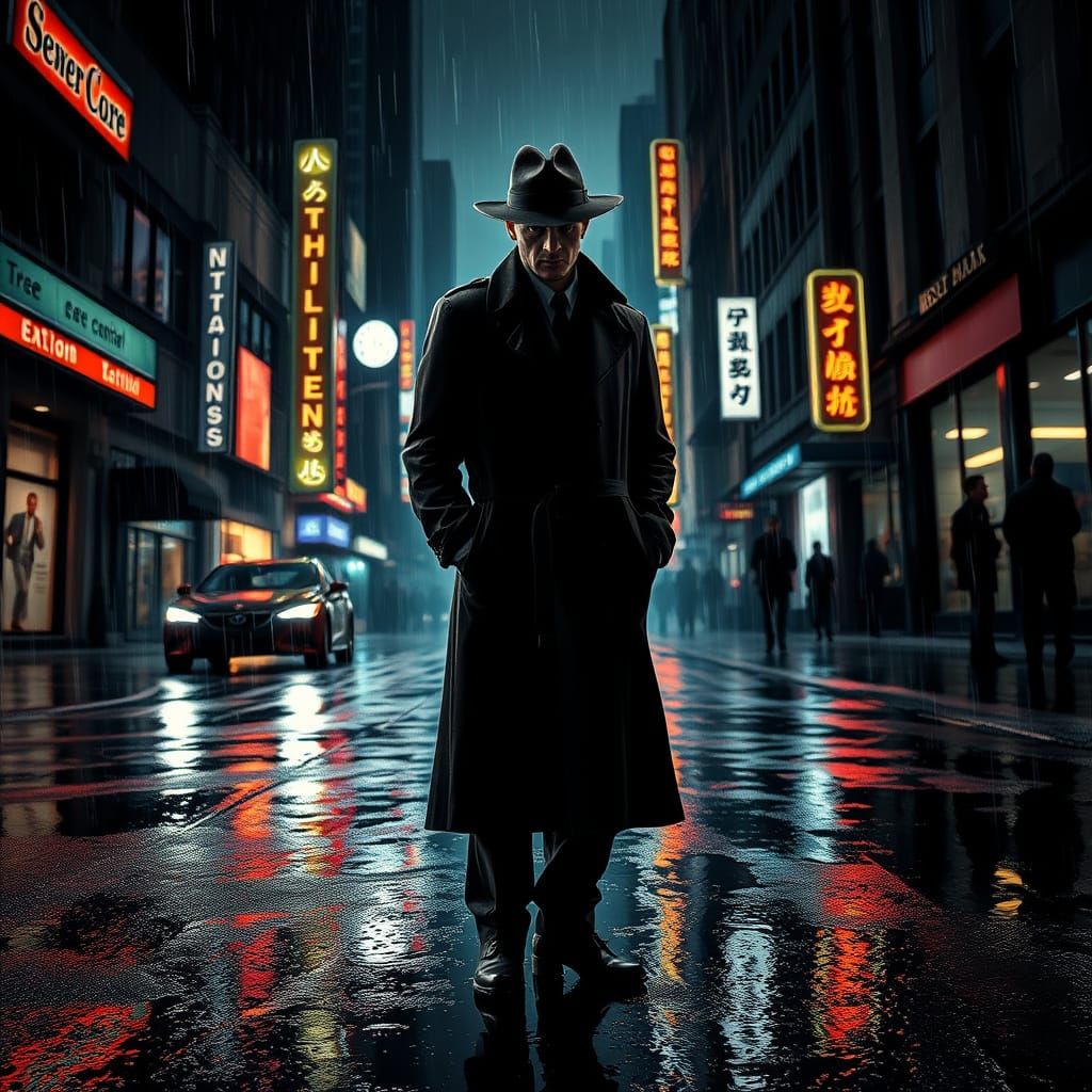 Noir Detective in Rain-Slicked Cityscape
