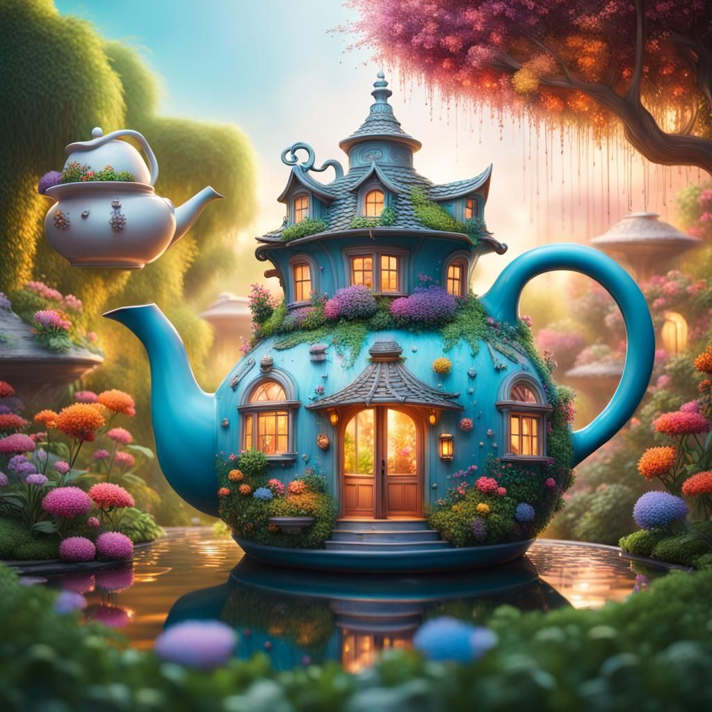 Teapot House in Magical Garden: Hyperrealistic Splash Art