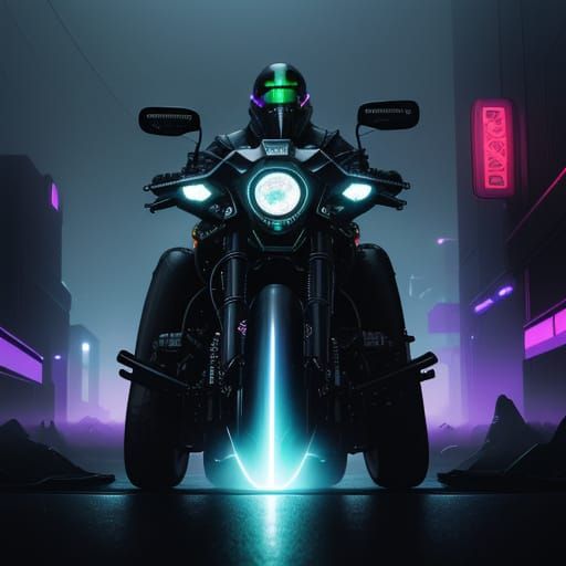 Cyberpunk Wizard Rides Neon Motorcycle Through Dark City