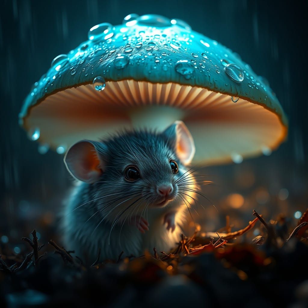 Whimsical Furry Mouse in Glowing Mushroom Scene