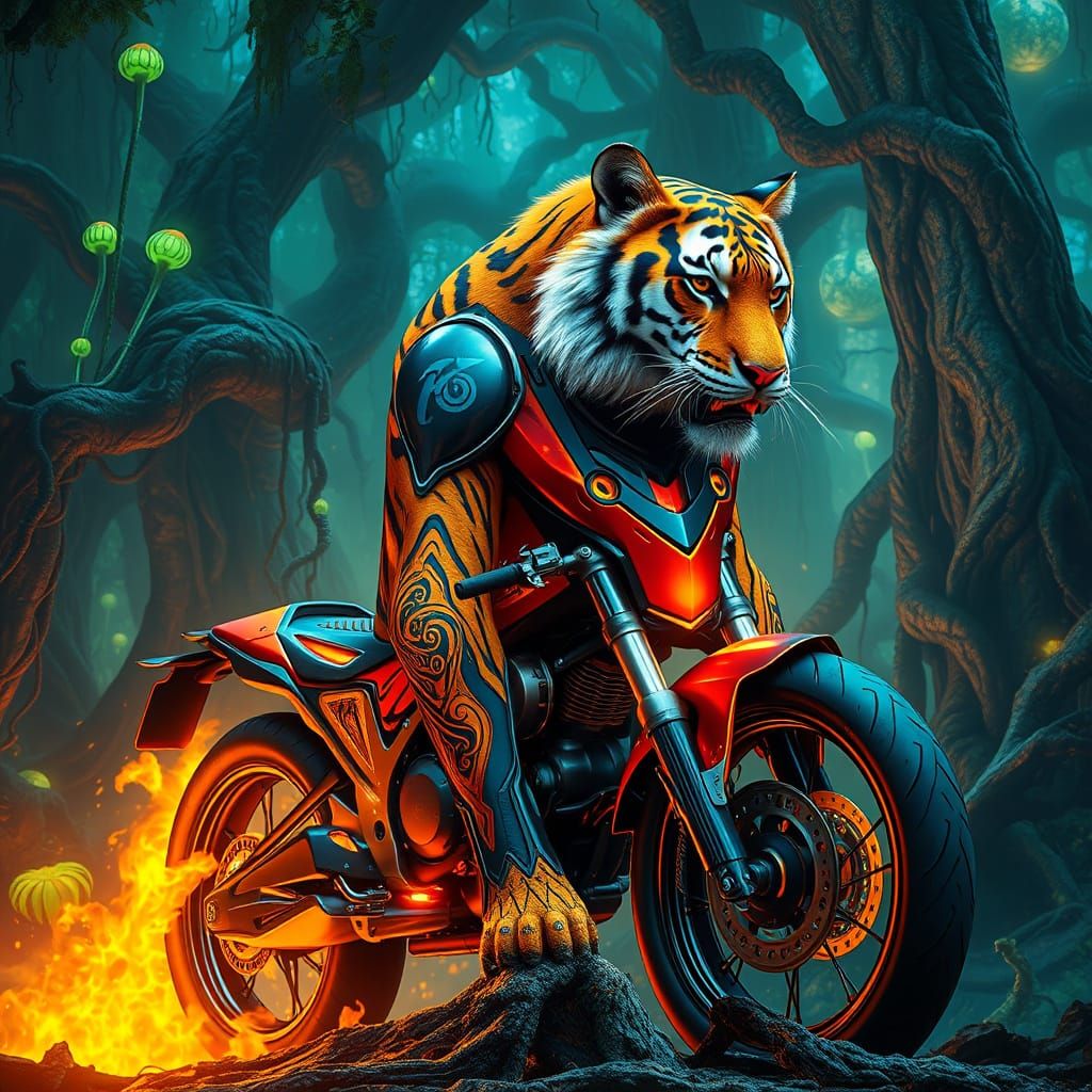 Majestic Tiger in Cyberpunk Fantasy Exosuit