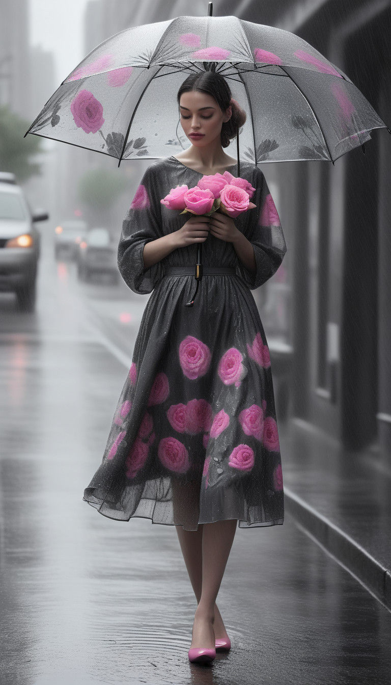 Surreal Rainy Cityscape in Charcoal Drawing Style