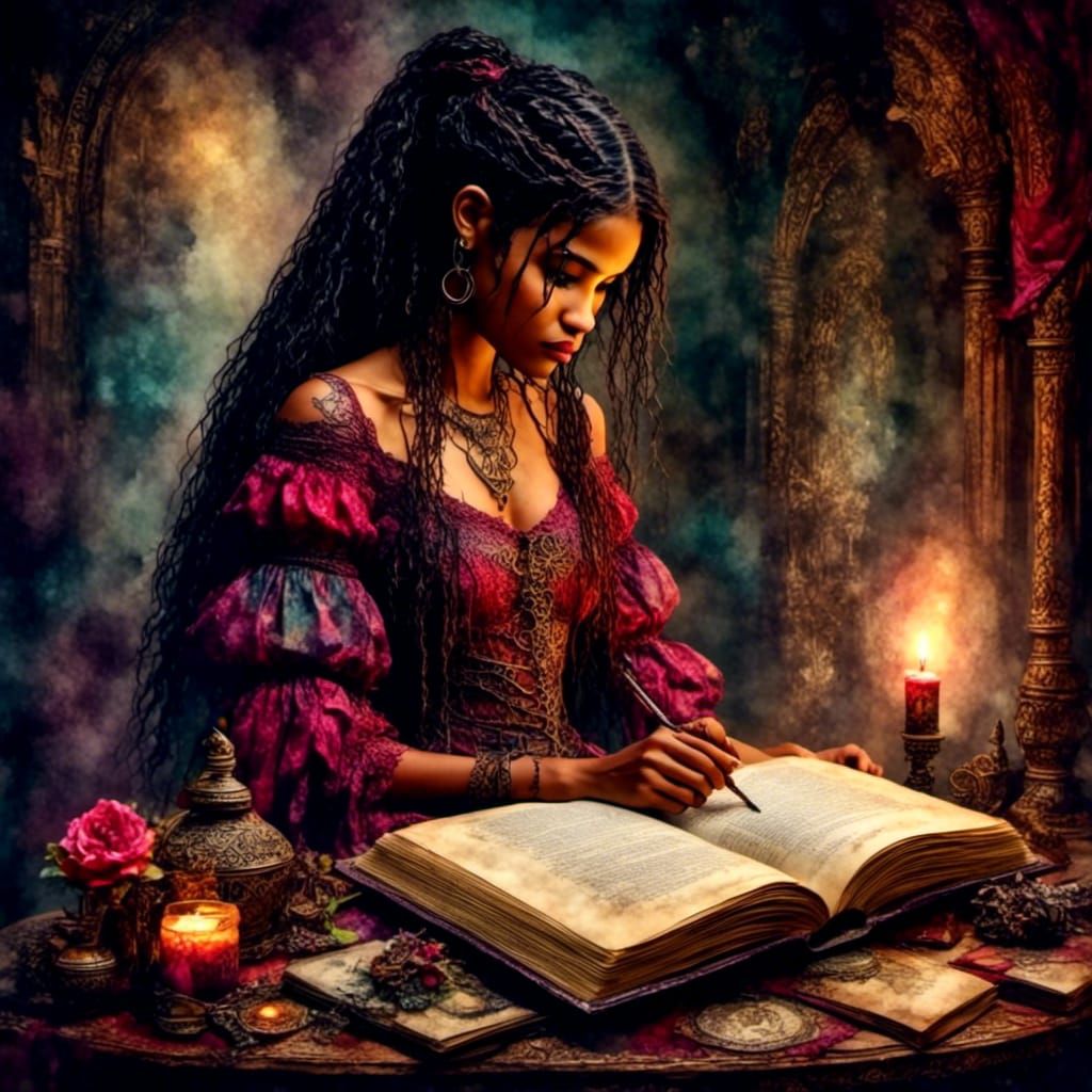 Pixie Reading in Medieval Study, Antique Watercolor