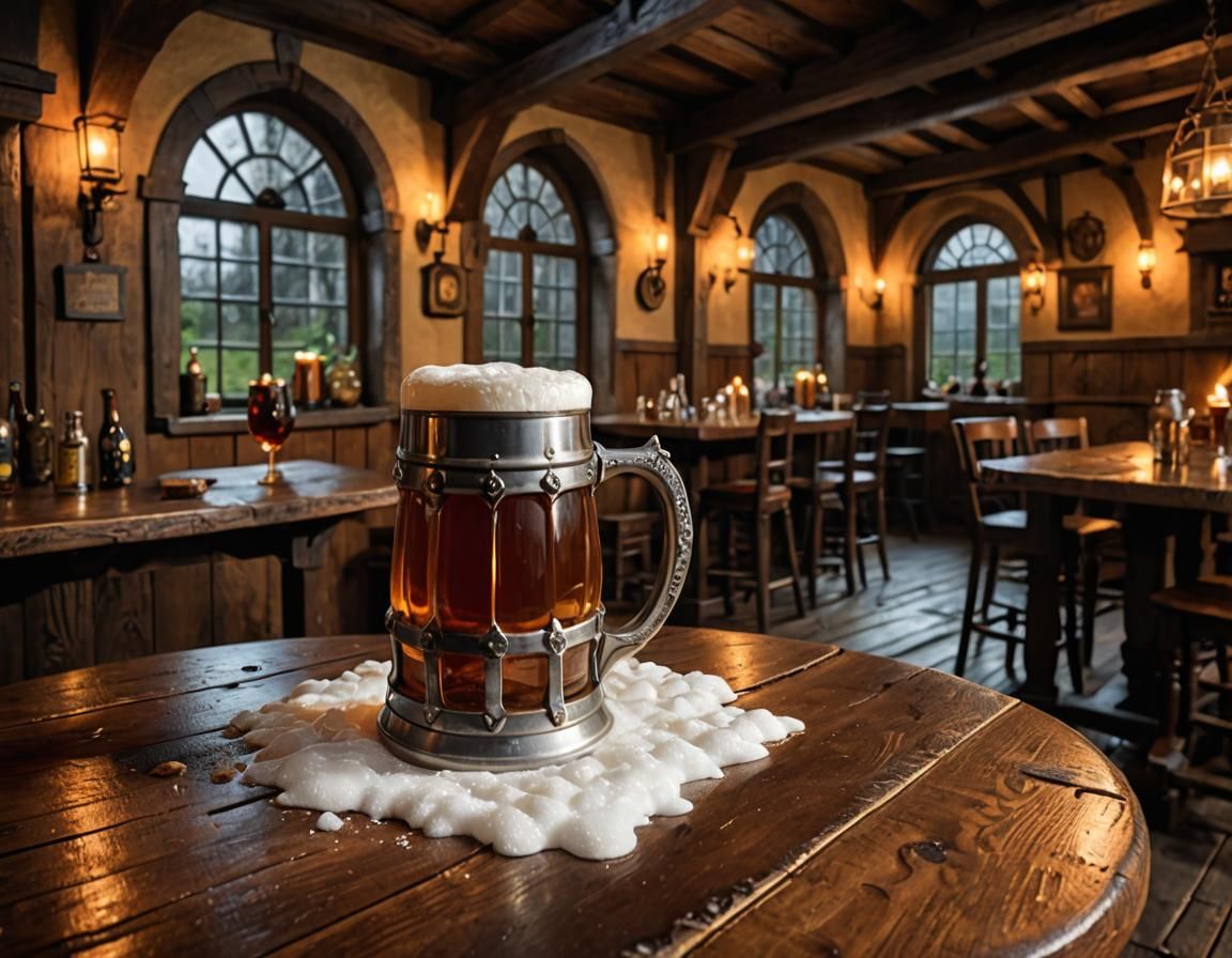 Beer Mug Overflowing with Foam in Medieval Tavern