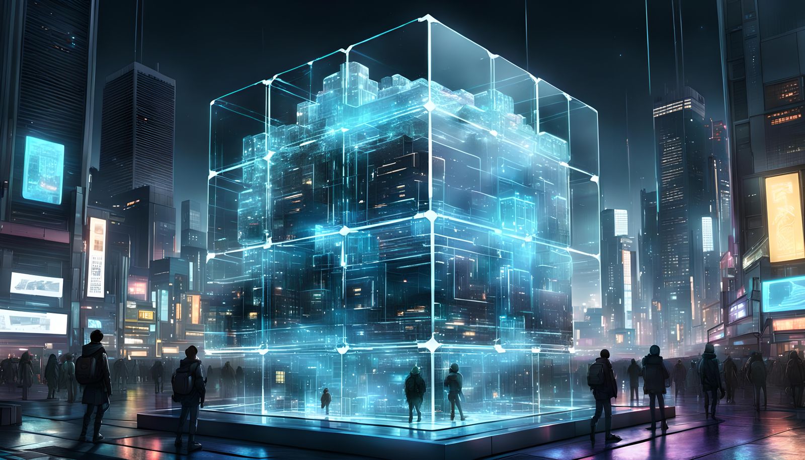 Cyberpunk Glass Cube with Natural Elements at Night