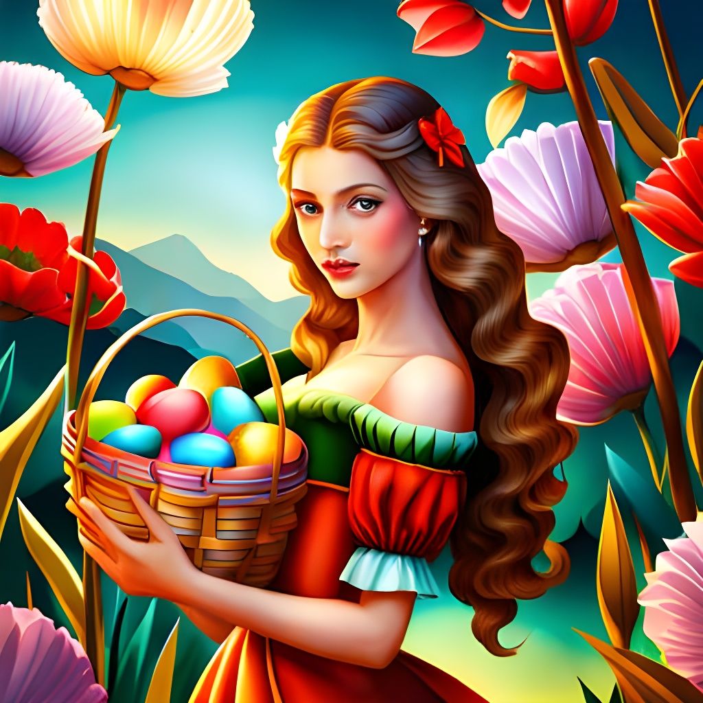 Girl with Easter Basket in Baroque Art Deco Style