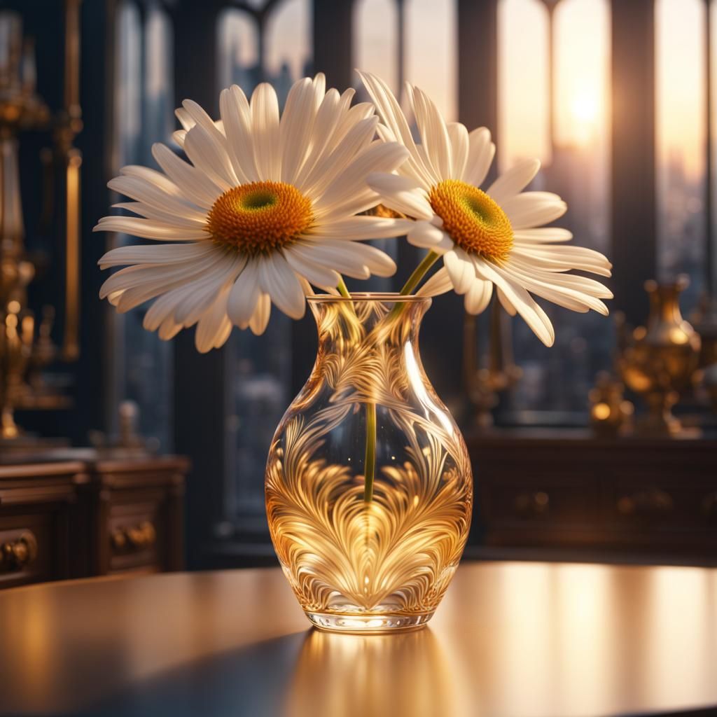 Ornate Glass Vase with Daisy in Golden Light