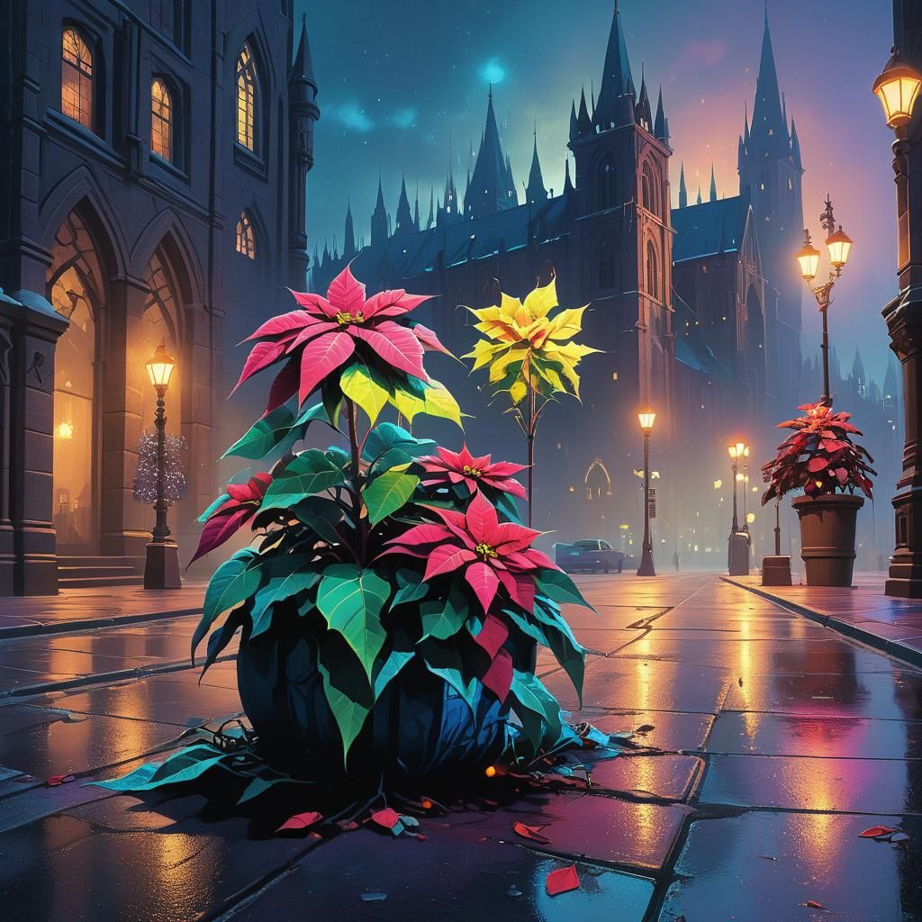 Glowing Poinsettia in Mystical Gothic Cityscape