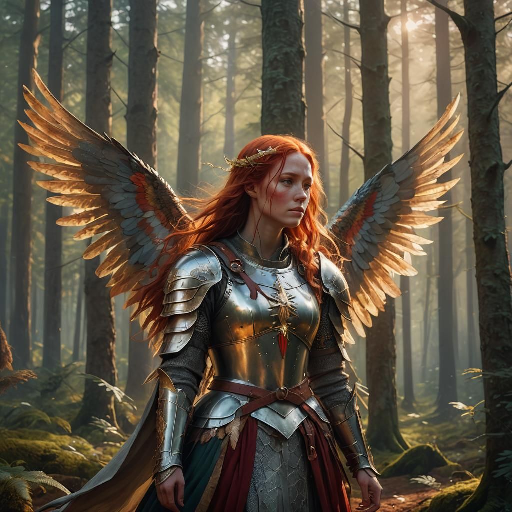 Winged Crusader in Nordic Forest: Oil Painting