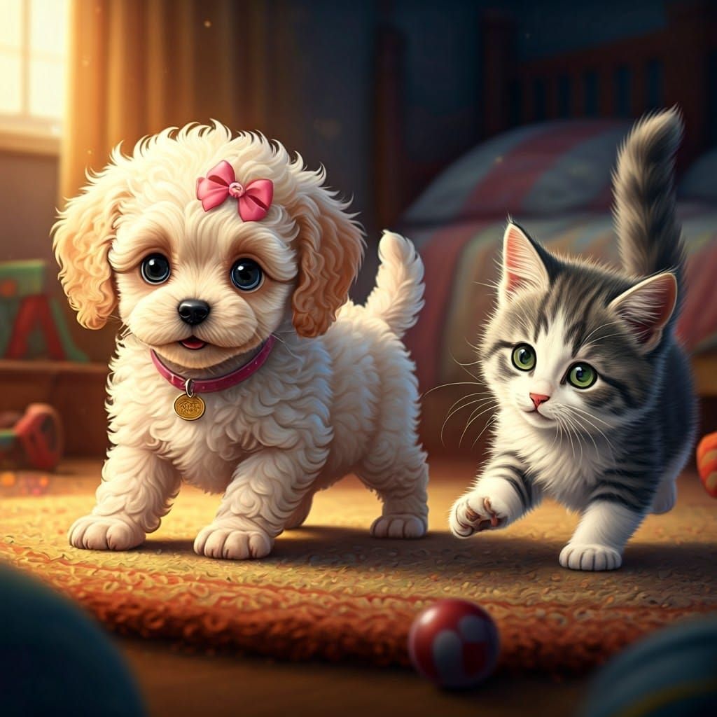 Whimsical Poodle Puppy Chases Kitten in Cozy Bedroom