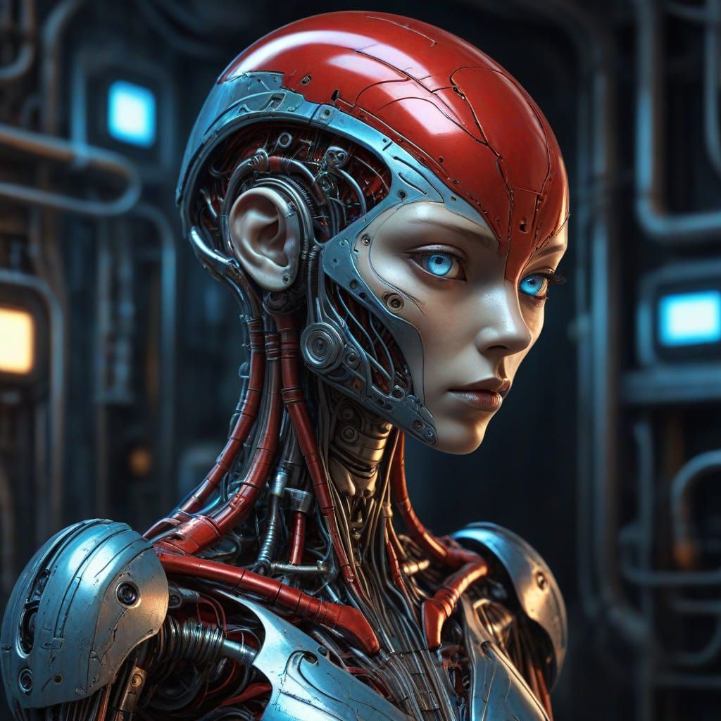 Surreal Biomechanical Alien Cyborg in Dark Laboratory