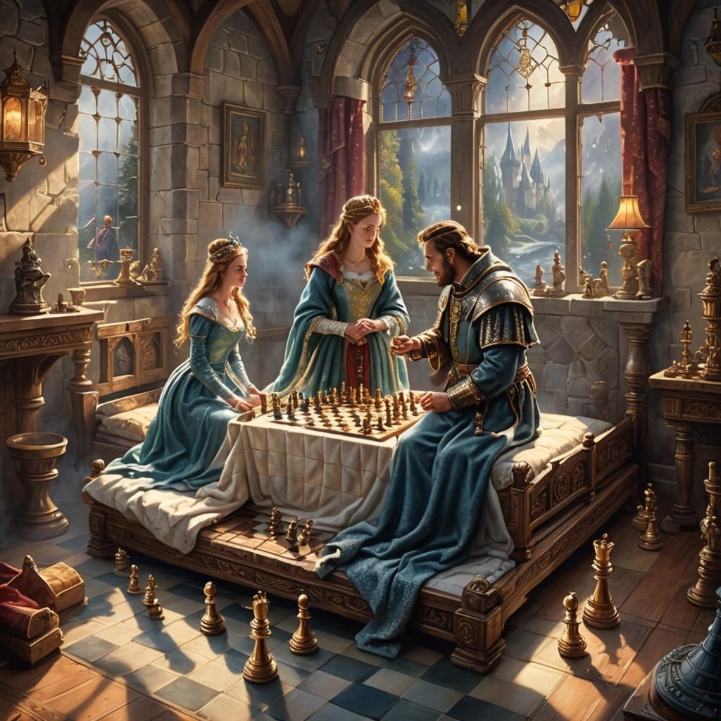 Ethereal Chess Game in a Medieval Setting