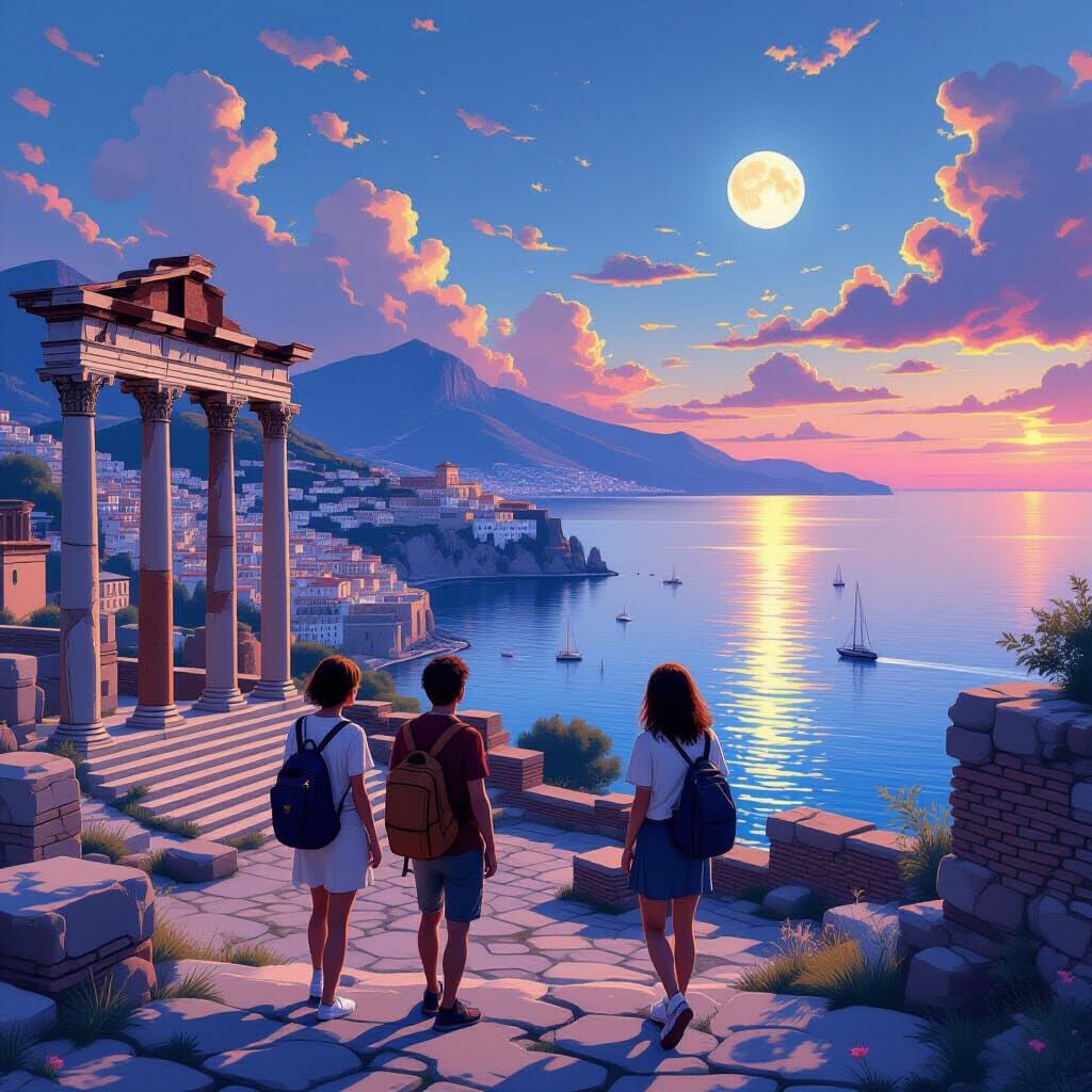 Roman Ruins Visited by Tourists in Anime Style