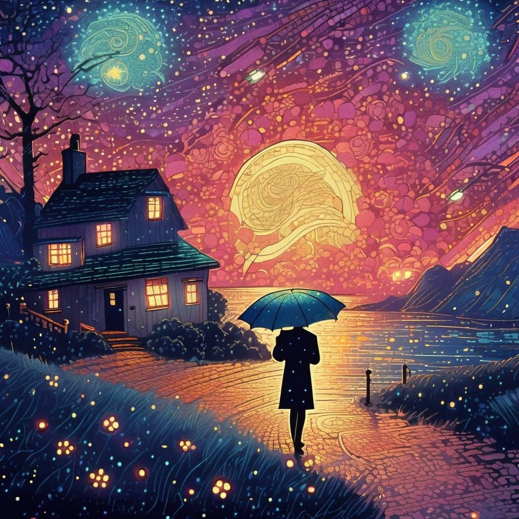 Retro Art Deco Umbrella Under Starry Night Sky
