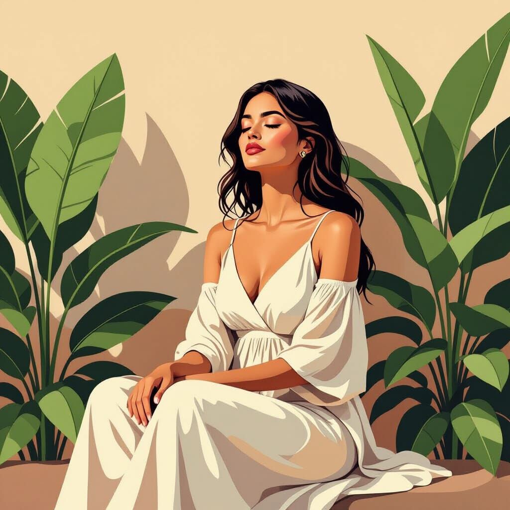 Peaceful Woman Portrait with Tropical Leaves in Artistic Rea...