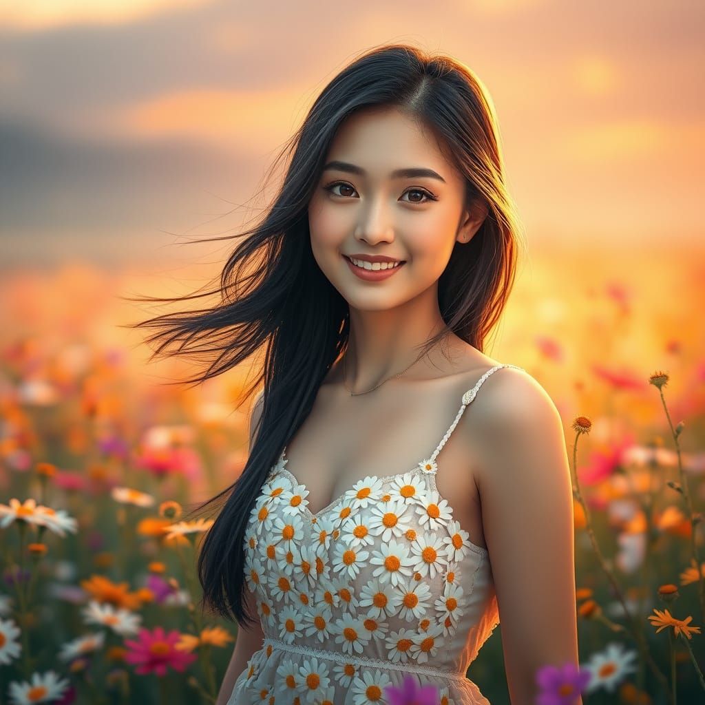 Smiling Japanese Woman in Daisy Dress at Dawn