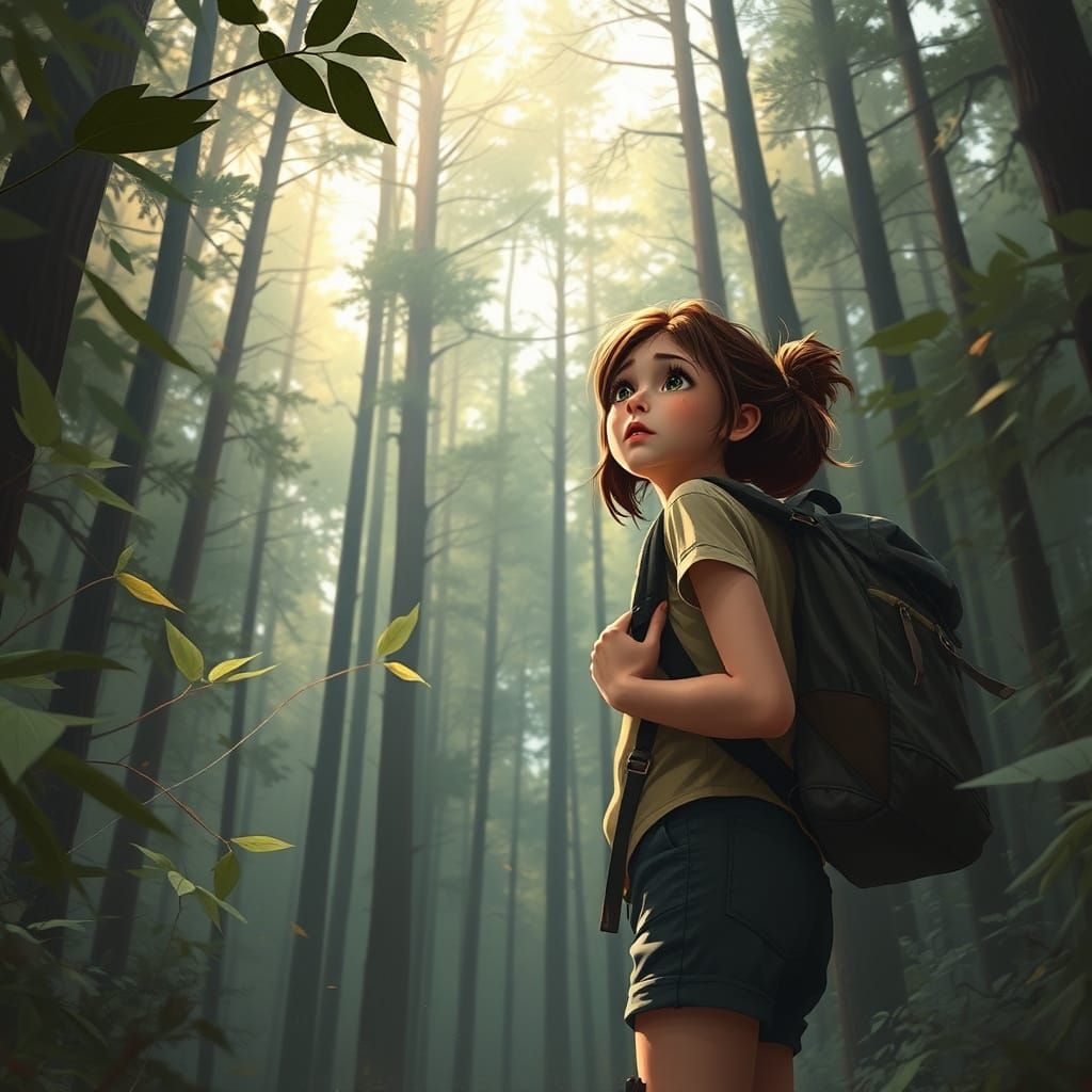 Woman in Forest Gazes at Swaying Trees