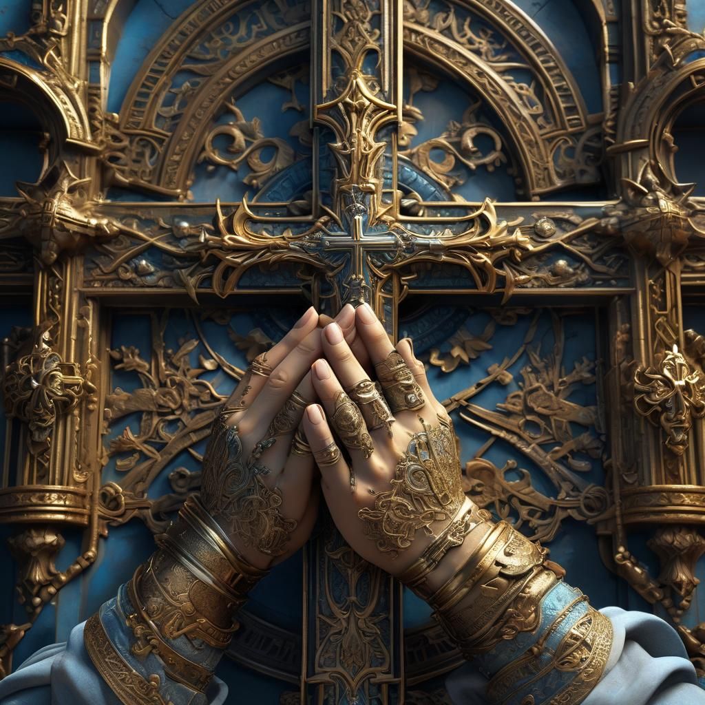 Praying Hands Before Cross in Art Nouveau Style