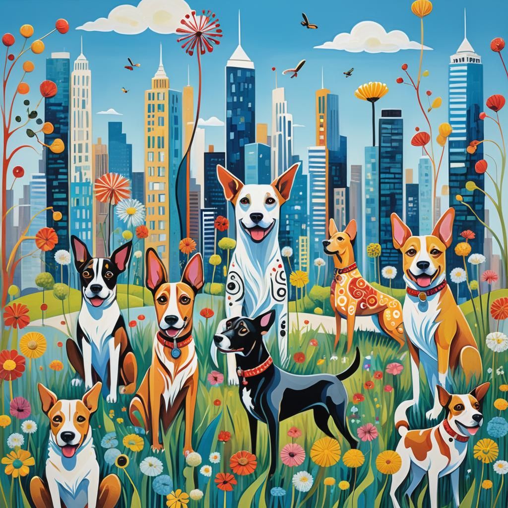 Whimsical Abstract Cityscape with Stylized Dogs