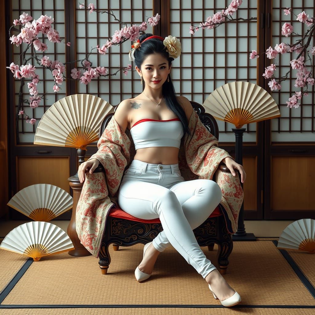 Geisha in Modern Clothing with Cherry Blossoms