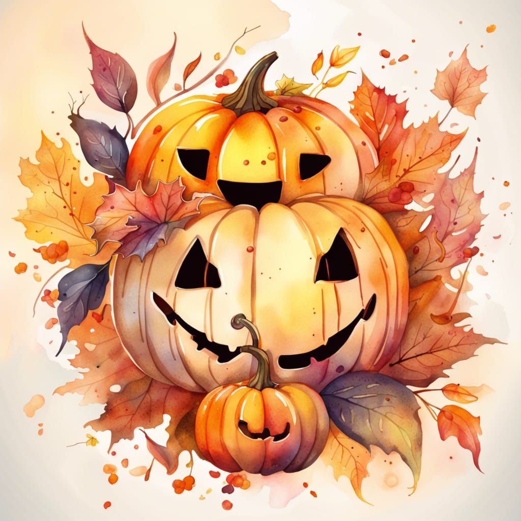 Watercolor Fall Illustration with Pumpkins and Flowers