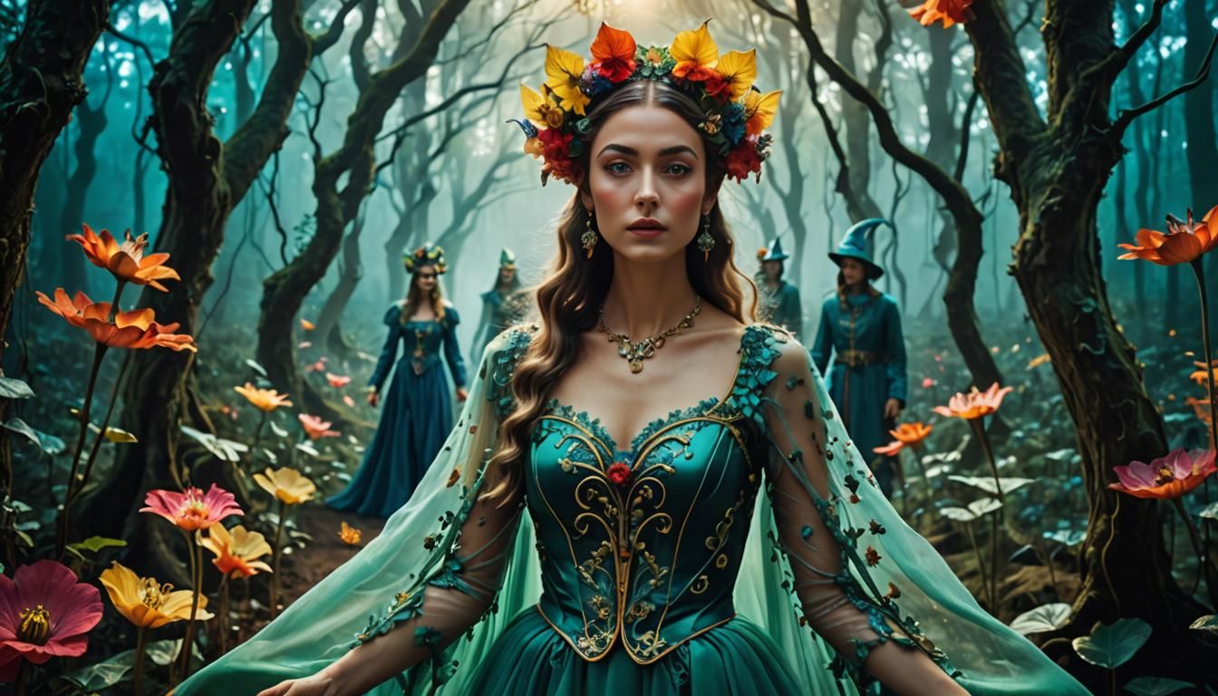 Woman and Elves in Mystical Surrealist Forest