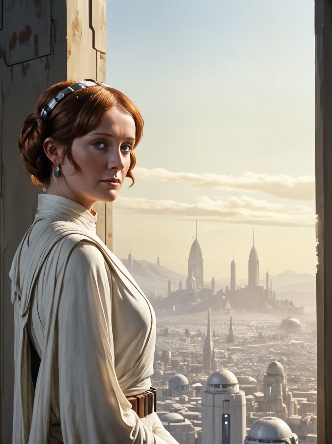 Auburn-Haired Woman in White Gown: Digital Impressionism