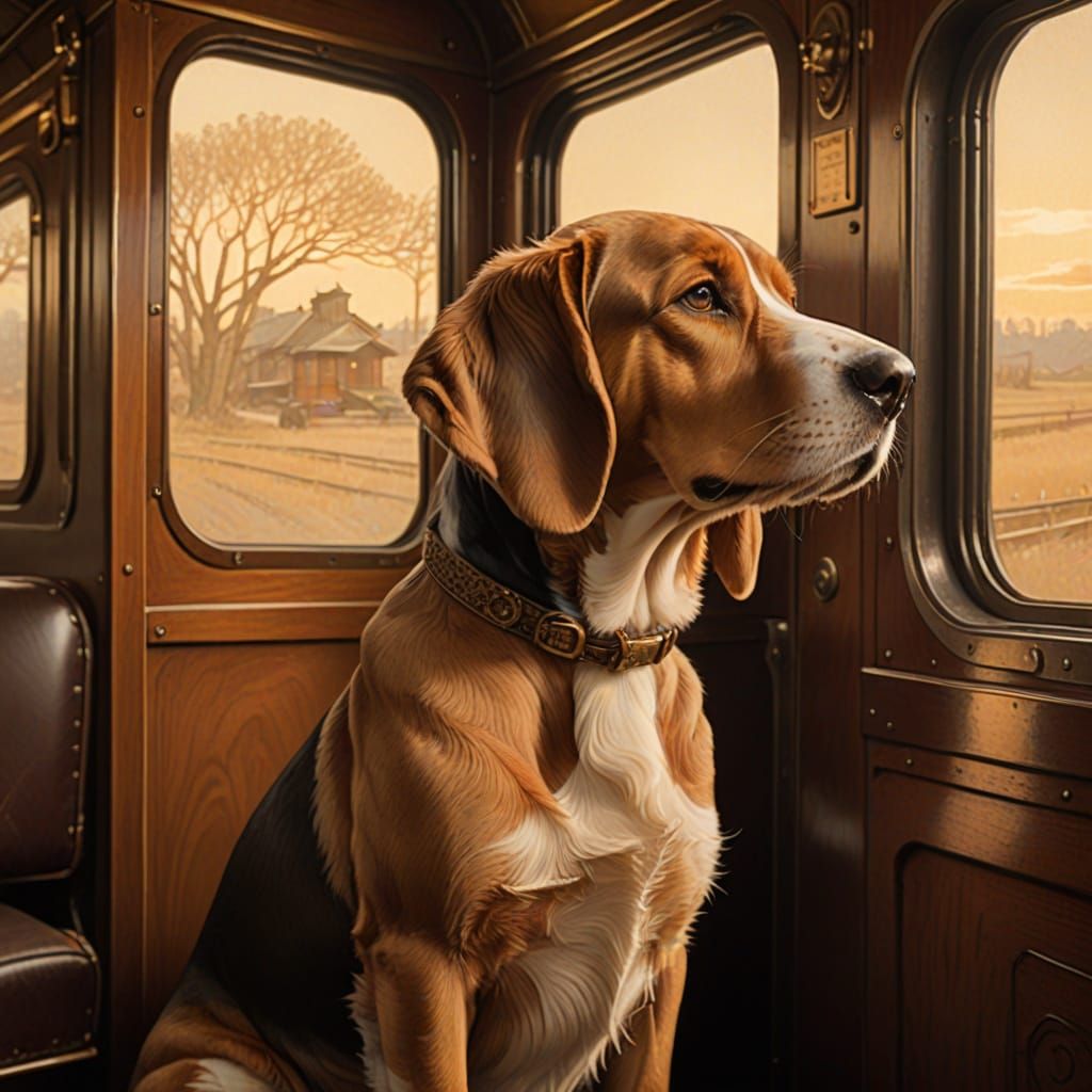 Art Nouveau Bassett Hound on Vintage Train