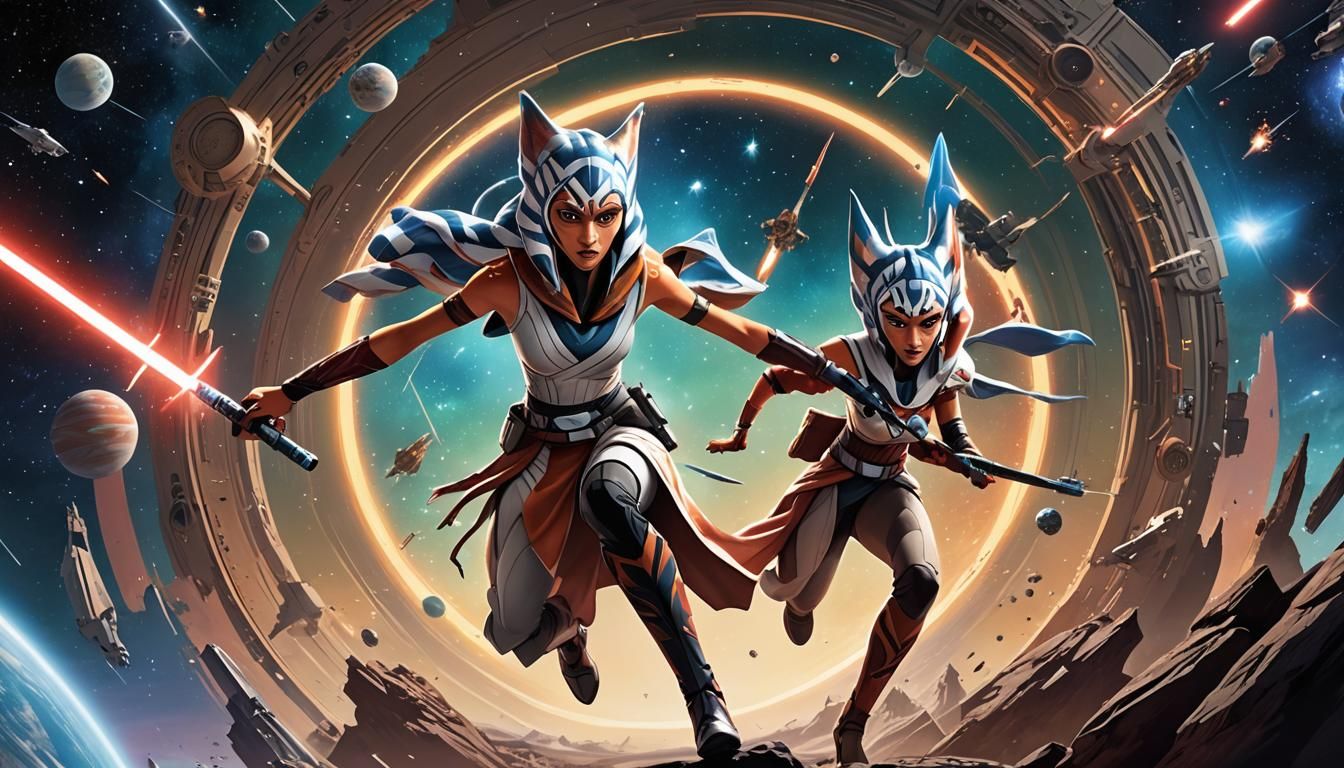 Ahsoka Tano's Multiverse Journey in Cosmic Illustration
