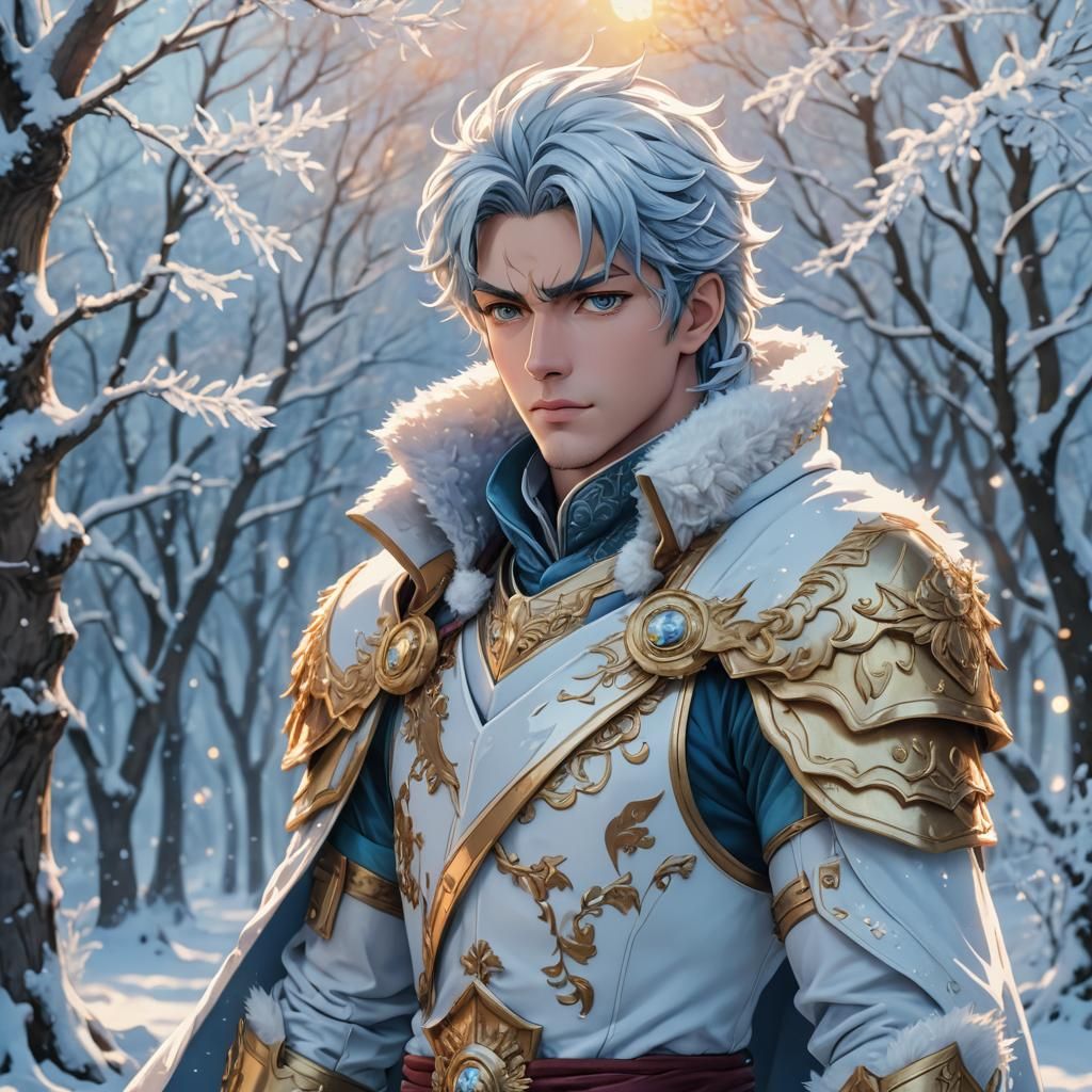 Anime Prince Stands Regally in Frosty Winter Wonderland