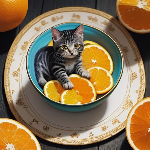 Kitten Made of Oranges in a Bowl