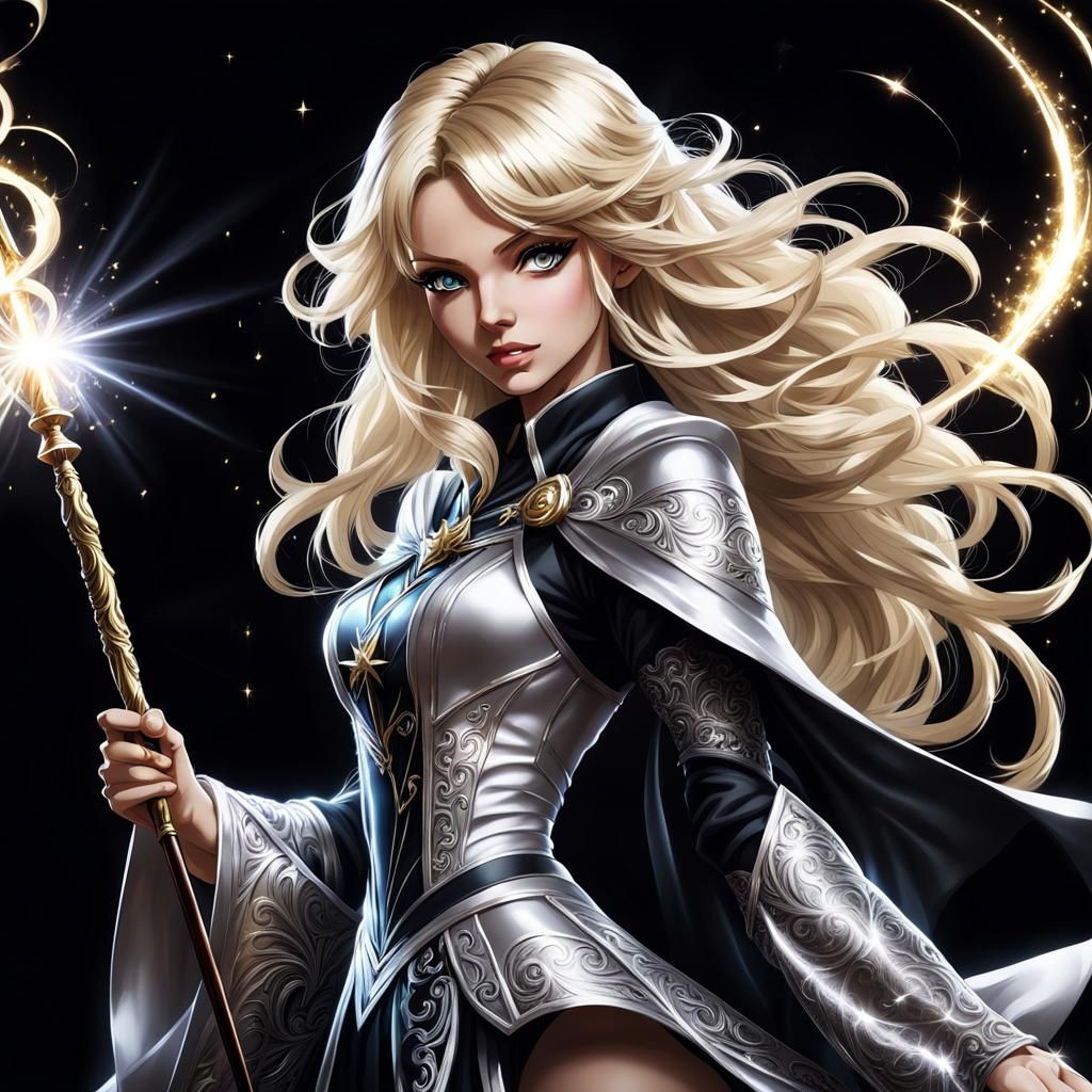 Blond Wizard Girl with Wand in Chiaroscuro Style