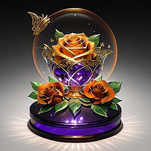 Elegant Glass Rose Sculpture with Crystal Leaf and Gold Sash