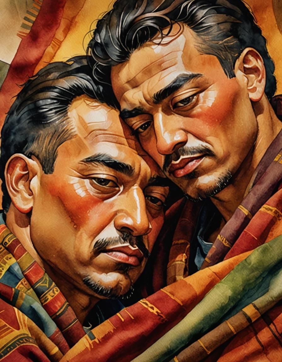 Watercolor Portrait of a Hispanic Couple in Intimate Embrace