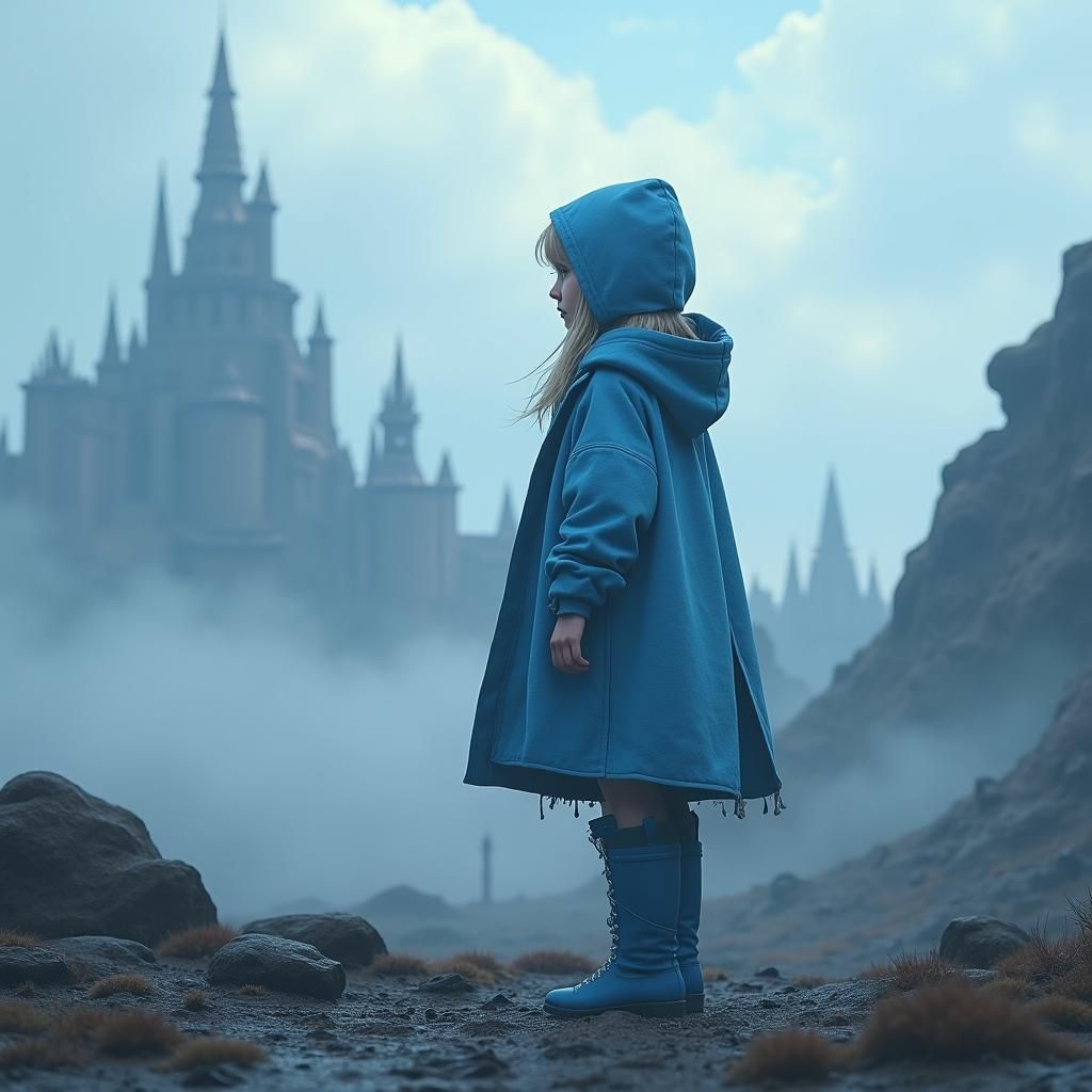 Girl in Blue Cloak Overlooking Gray Fantasy Cityscape
