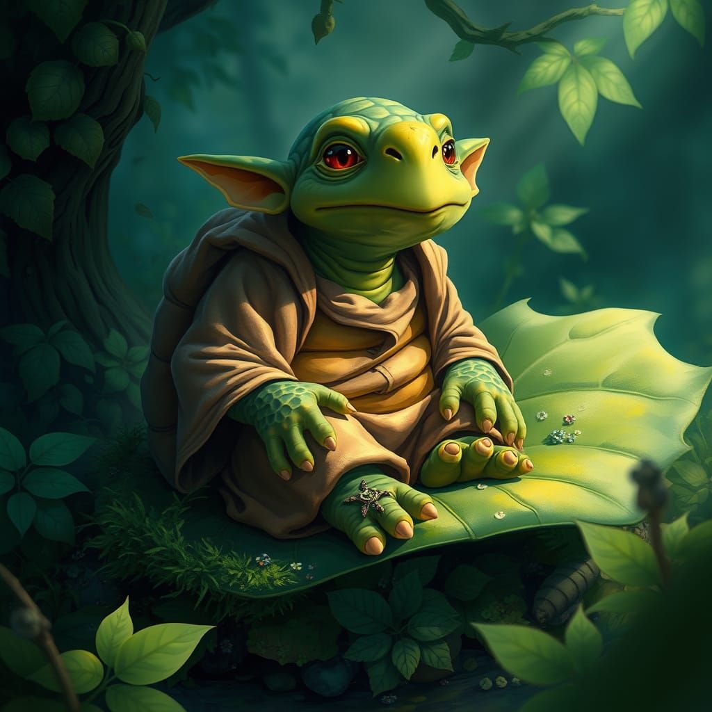 Whimsical Tortoise Troll in Lush Forest Scene