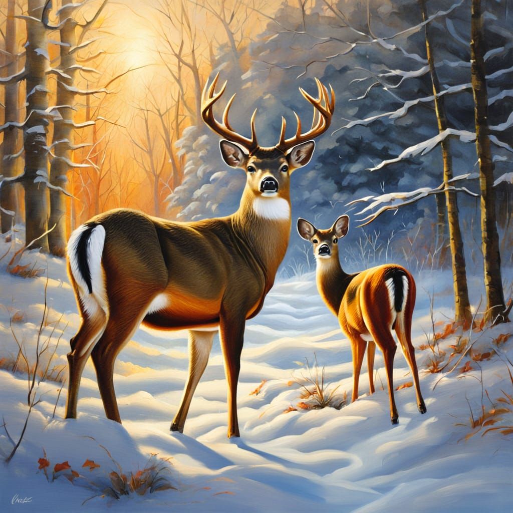 White-tailed deer on a winter evening