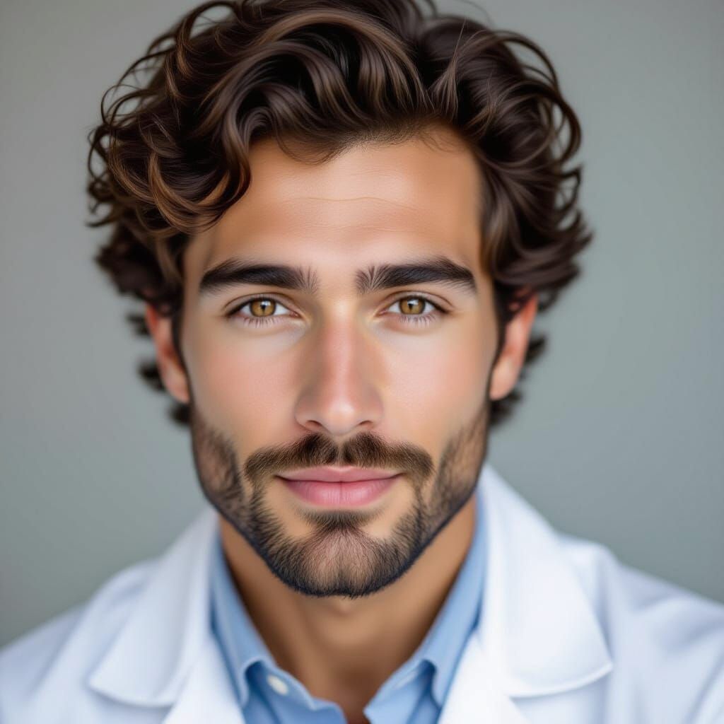 Handsome Doctor with Curly Hair and Lab Coat