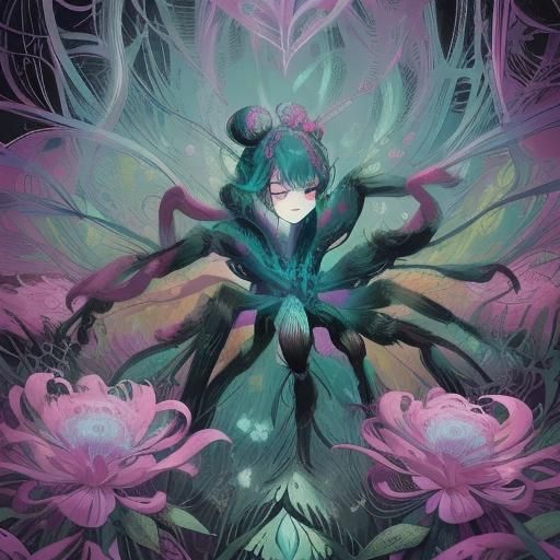 Boy with Spider Heart in Surreal Meadow